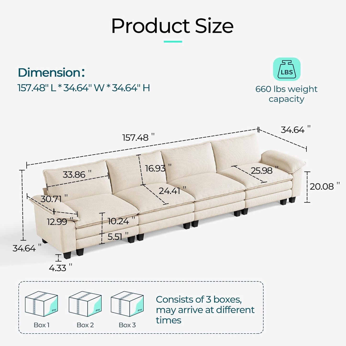 LINSY HOME Oversized Sectional Sofa - 157'' Oversized Corduroy Cloud Couch Deep Seat Modular Sofas Soft Modern Comfy Couches Furniture for Living Room Apartment Office, Beige