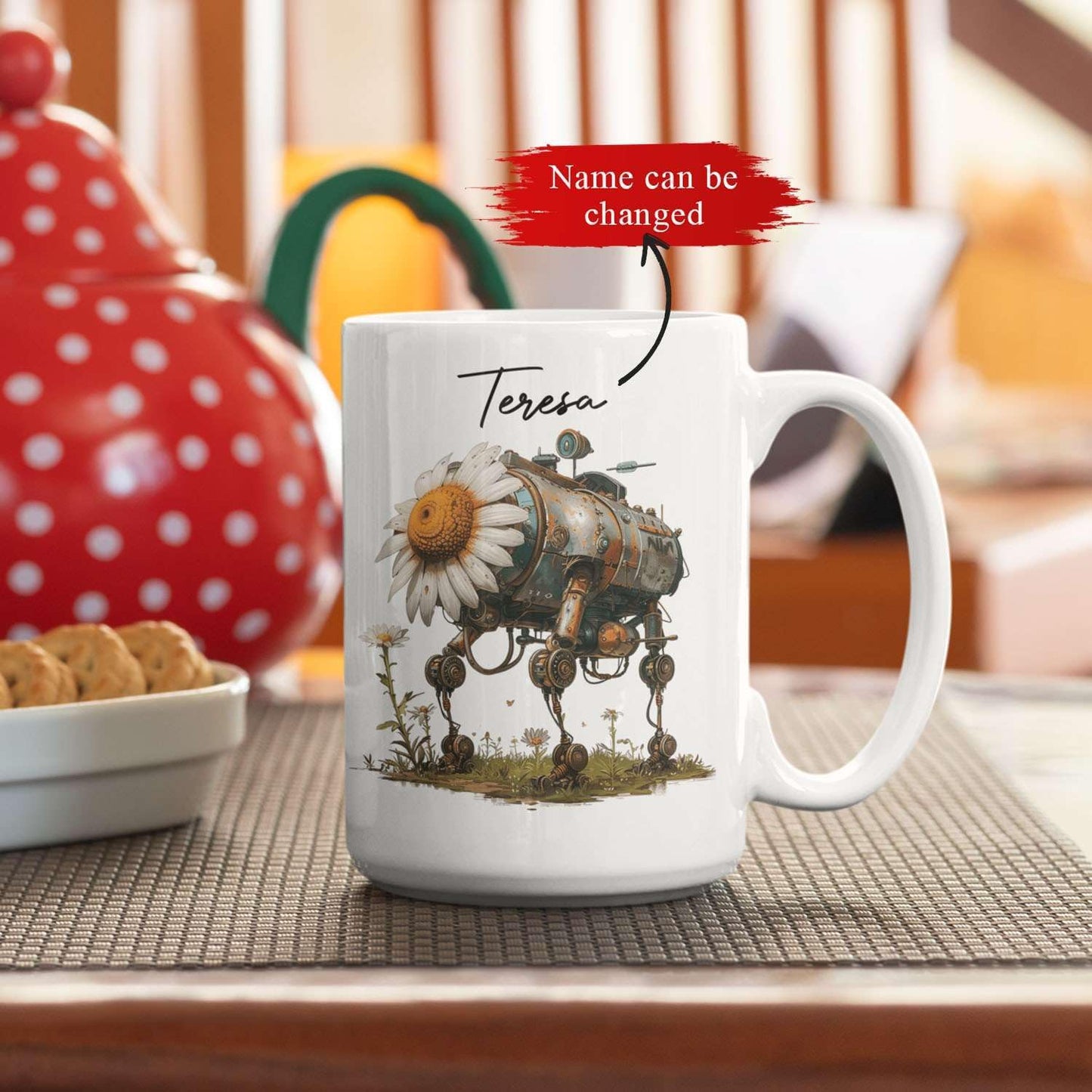 Customized Robotic Daisy Coffee Mug 11oz Or 15oz, Personalized Name On Mechanical Flower Mug, Novelty Ceramic Cup Gift For Tech Enthusiasts, Custom Nature Inspired White Mug