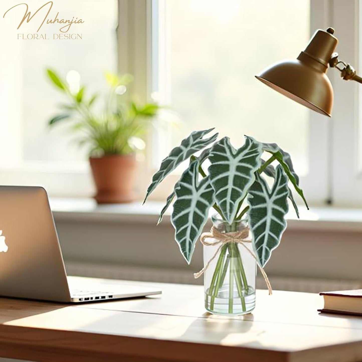 Artificial Flowers Turtle-Back, Alocasia Leaf, in Glass Vase with Faux Water,7Pcs Artificial Leaves Real Touch Latex Leaves for Centerpiece (2, Alocasia Leaf)