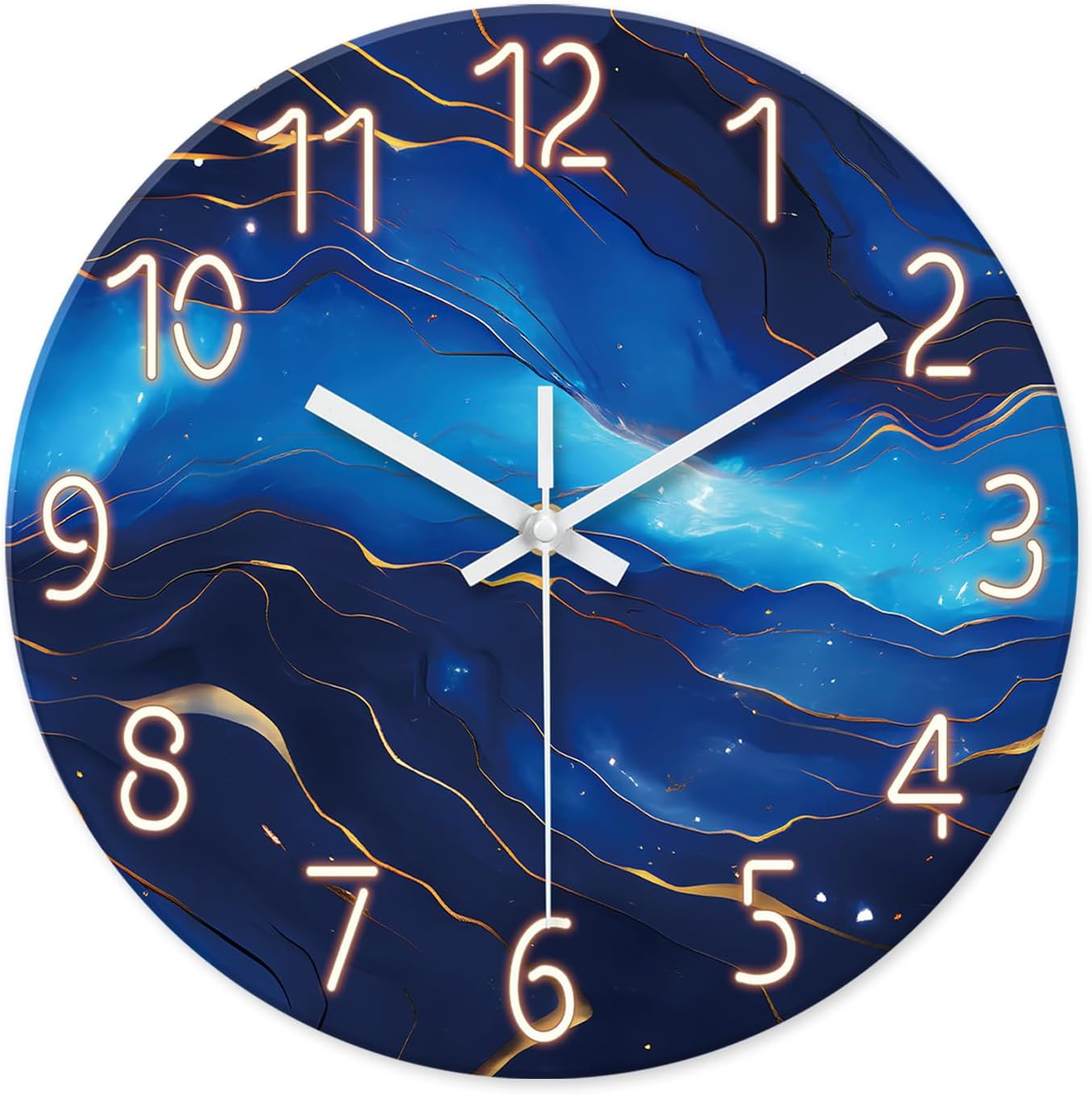Blue Glass Wall Clocks Battery Operated 20 Inch Marble Large Wall Clocks for Living Room Round Non Ticking Wall Clock Silent