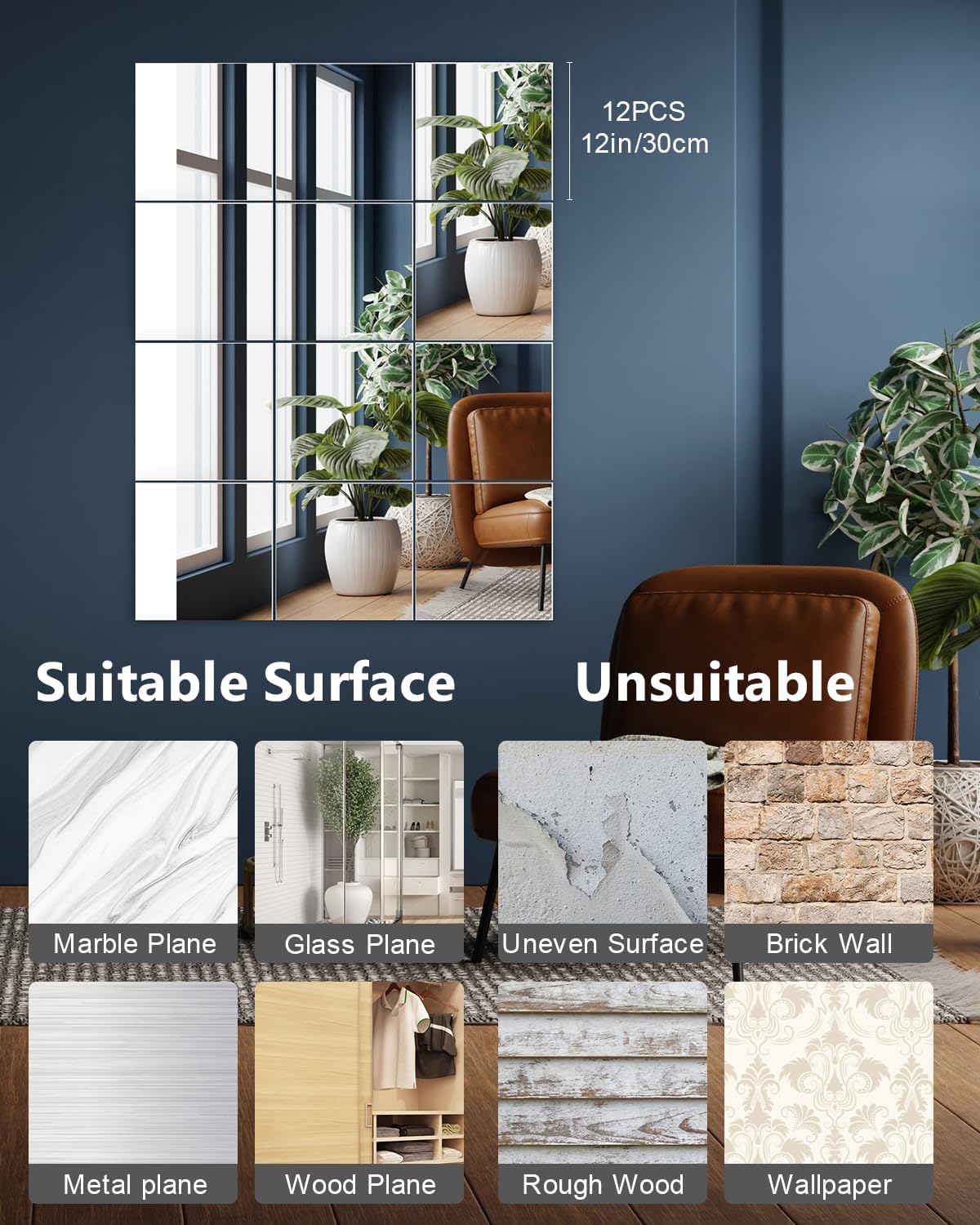 Home Gym Mirrors 12 Inch x 12Pcs Full Length Mirror Tiles Acrylic Unbreakable Wall Mounted Mirror Frameless Full Length for Home Gym, Bedroom, Door