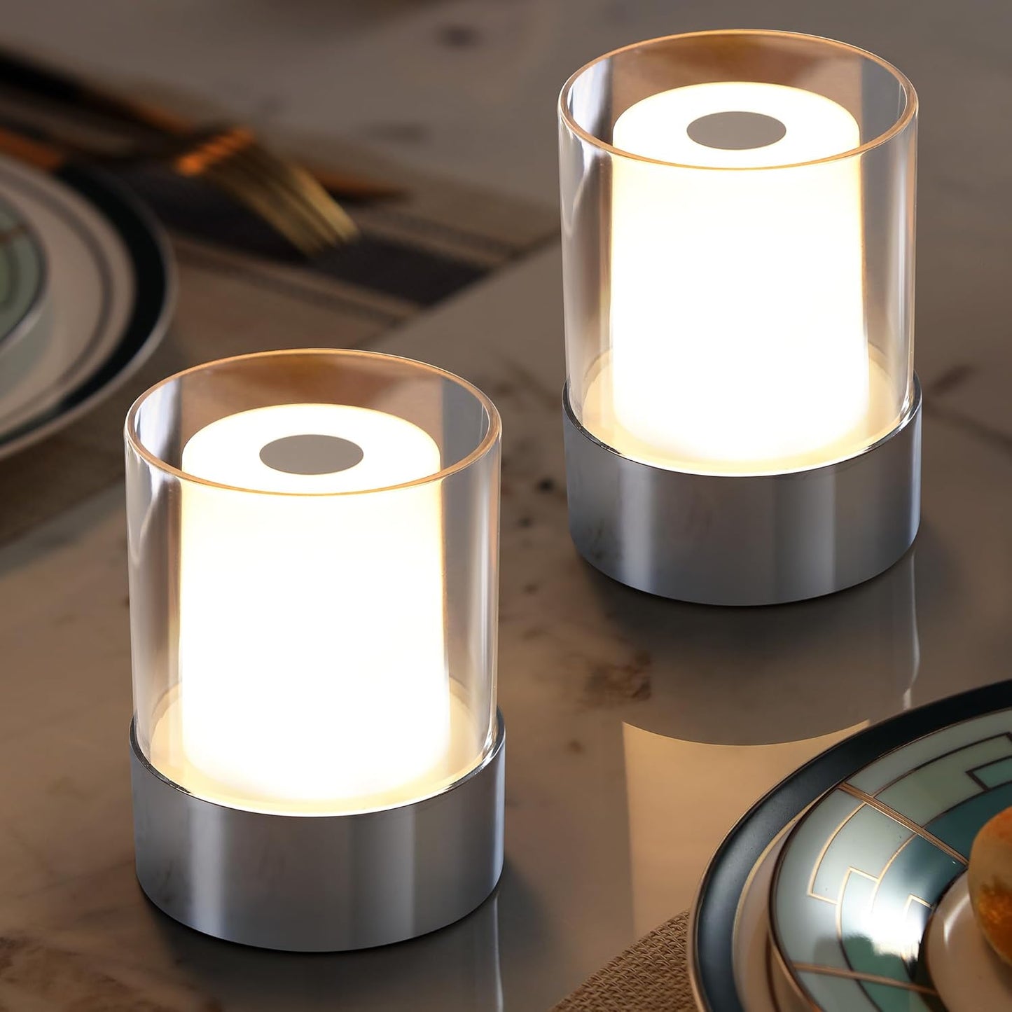 LED 4" inch Touch Night Light for Nursery Baby Kids Set of 2 (Chrome), Small Outdoor Waterproof Lamp for Bathroom Camping, Rechargeable Cordless Table Lamp for Bar Bedside Restaurant Gifts