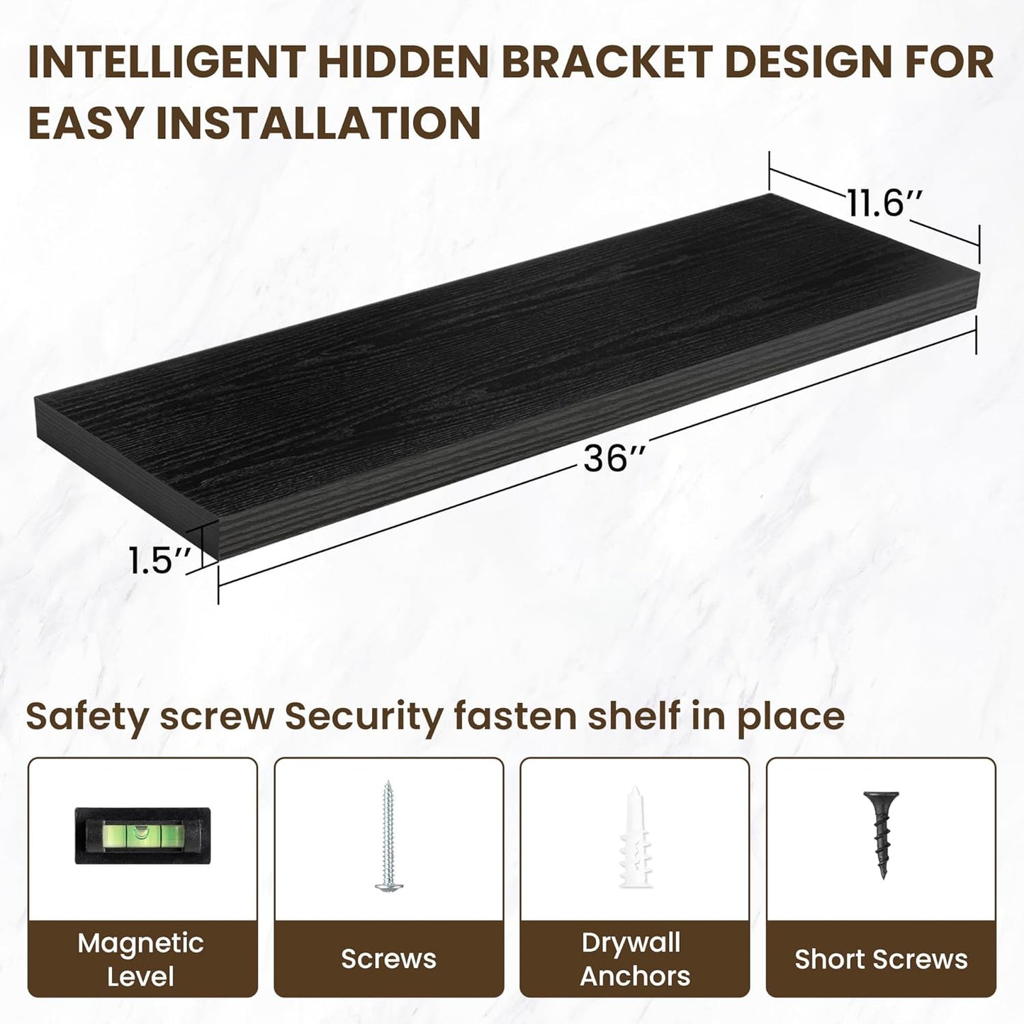 36 Inch Floating Shelves, 11.6 Inch Deep Floating Shelves for Wall, Floating Shelf with Invisible Brackets, Deep Shelves for Bathroom, Bedroom, Living Room, 2 Pack, Black