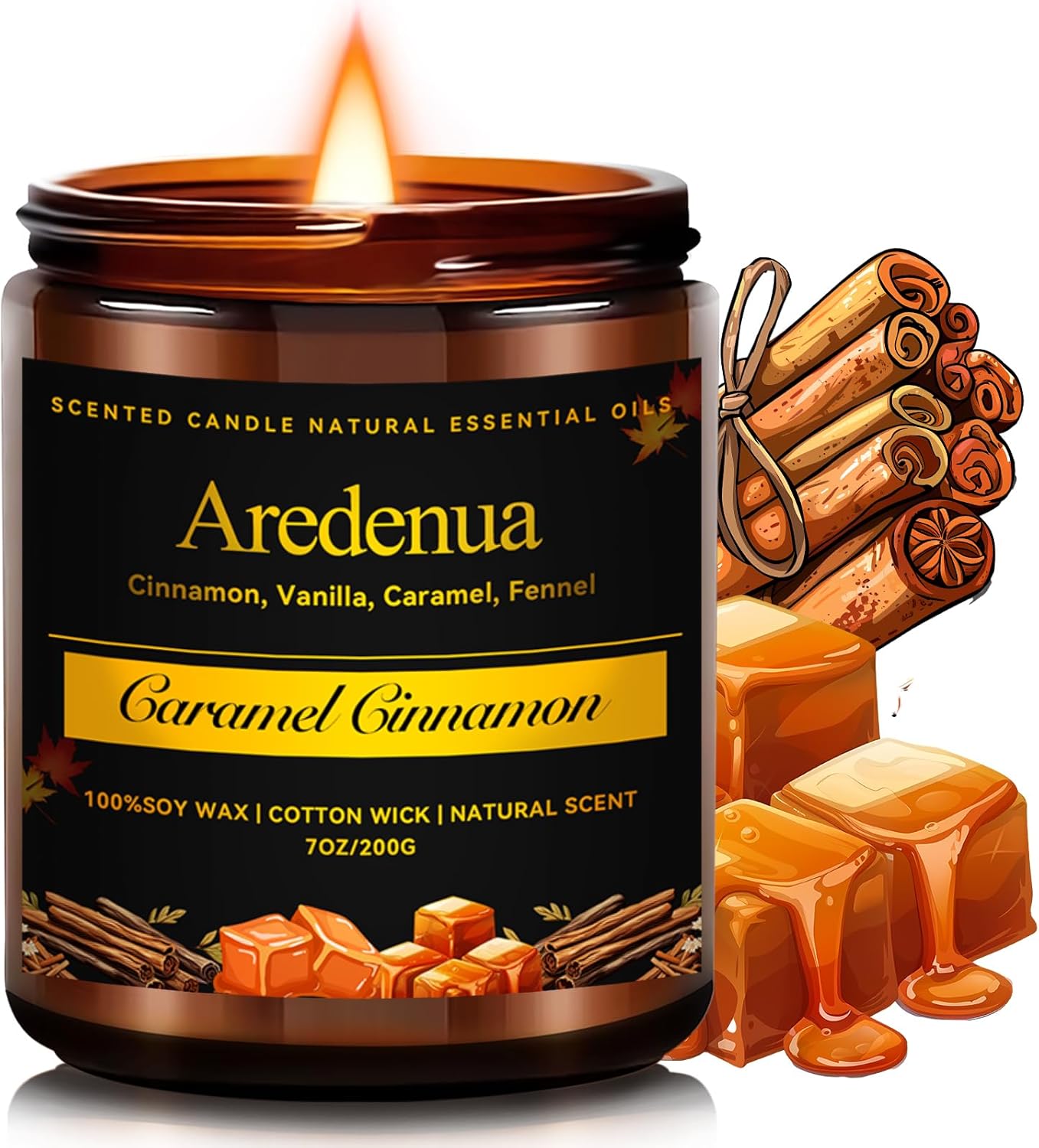 Caramel Cinnamon Candle - Fall Candle | Cinnamon Scented Candles for Autumn, 7oz Fall Soy Candles for Home Scented, 50 Hours Burn Time, Cozy Season/Halloween/Thanksgiving/Autumn Gifts for Women Men