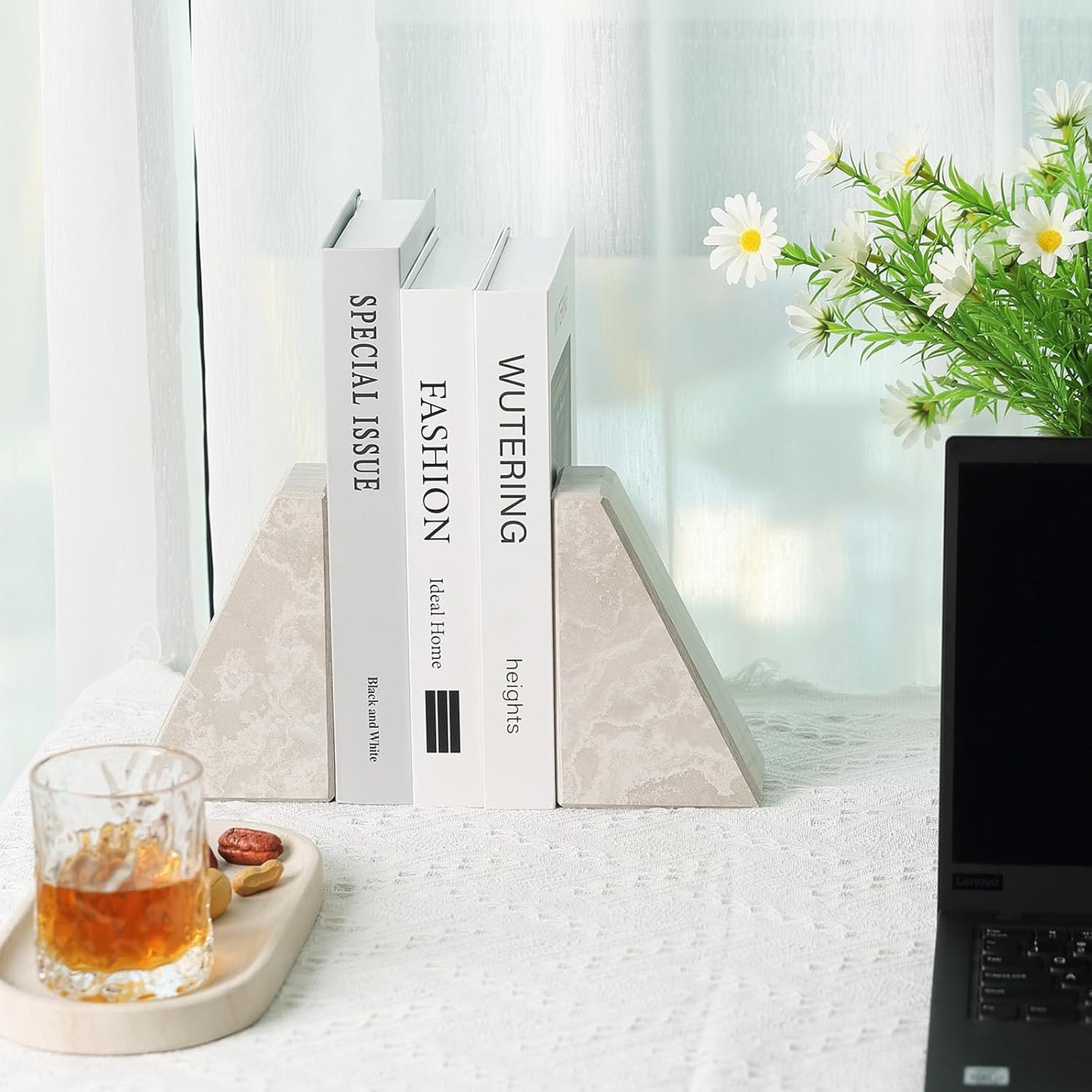 Marble Bookends for Heavy Books, Decorative Book Ends for Shelves, Durable and Heavy-Duty Bookends for Hardback Book & CDS, Off-White Unique Books Stopper & Holder, Set of 2