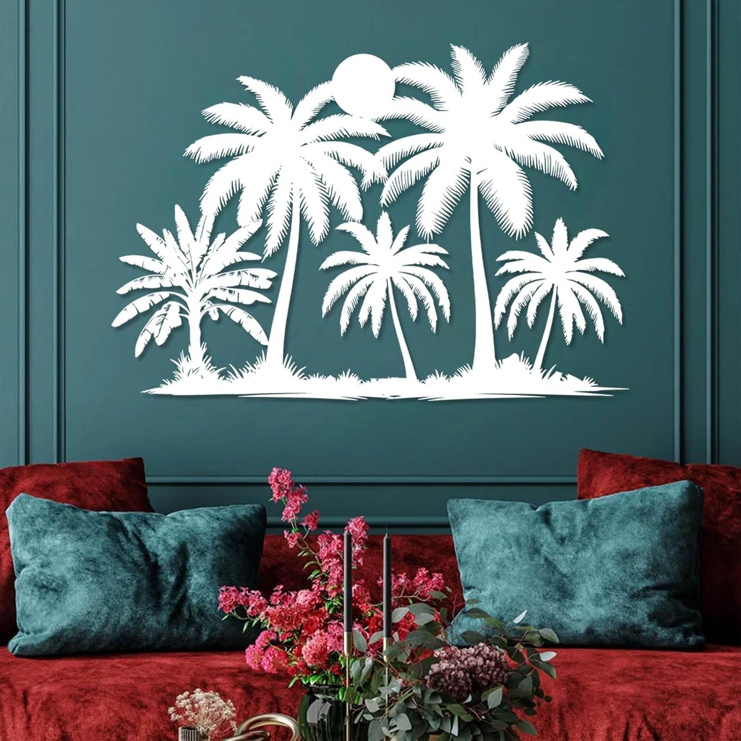 Tuglona Metal Palm Tree with Sunset Wall Decor, Tropical Palm Tree Metal Wall Art, Tropical Wall Decor, Sun Wall Art, Beach Wall Decoration, Coastal Trees Wall Hanging (White, 53"x37"/135x93cm)