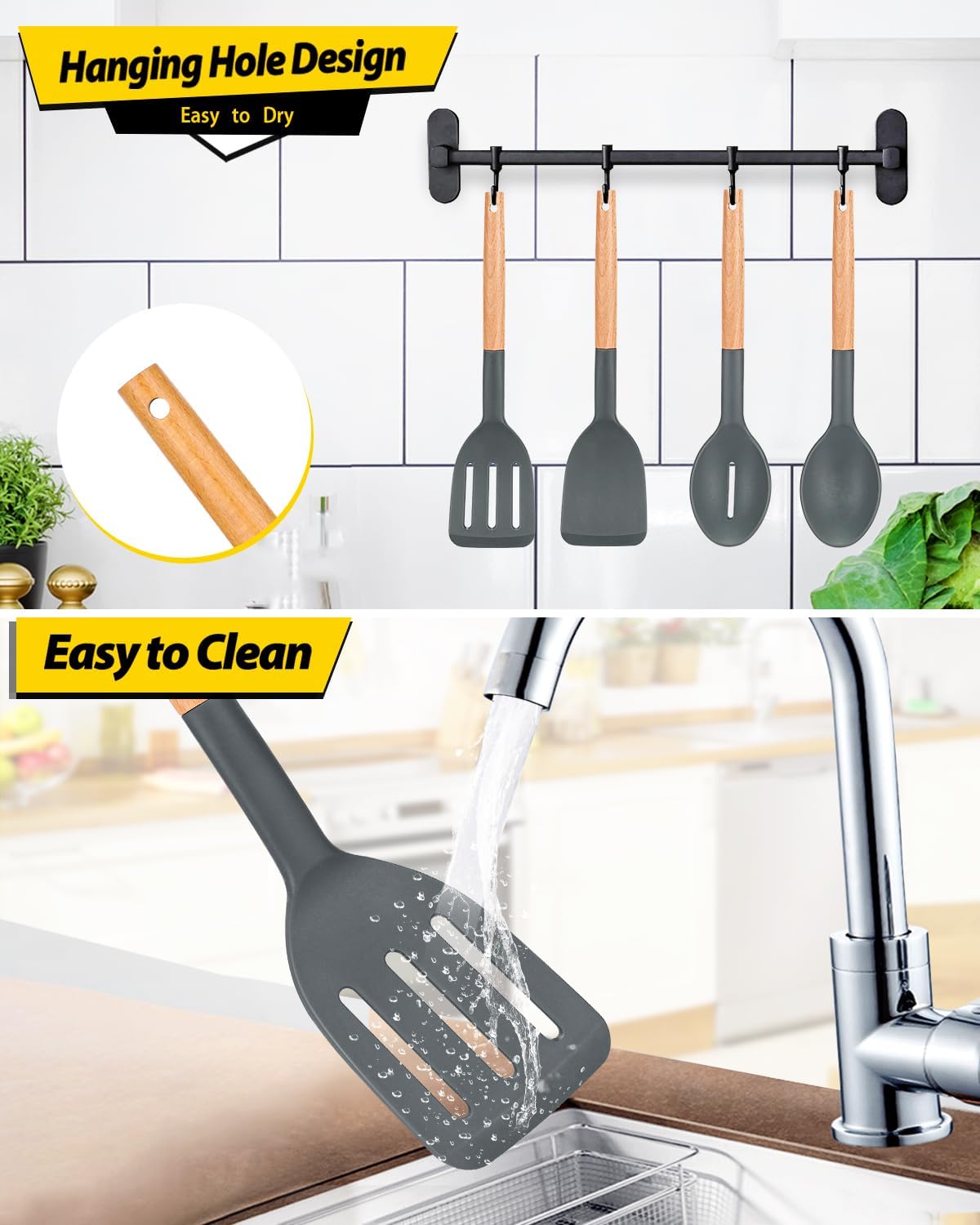 Pack of 4 Silicone Cooking Utensils Set, Non Stick Solid Spatulas and Heat Resistant Slotted Spoons with Wooden Handle, Ideal Wood Kitchen Utensils Set for Frying,Serving,Turning,Stirring (GRAY)