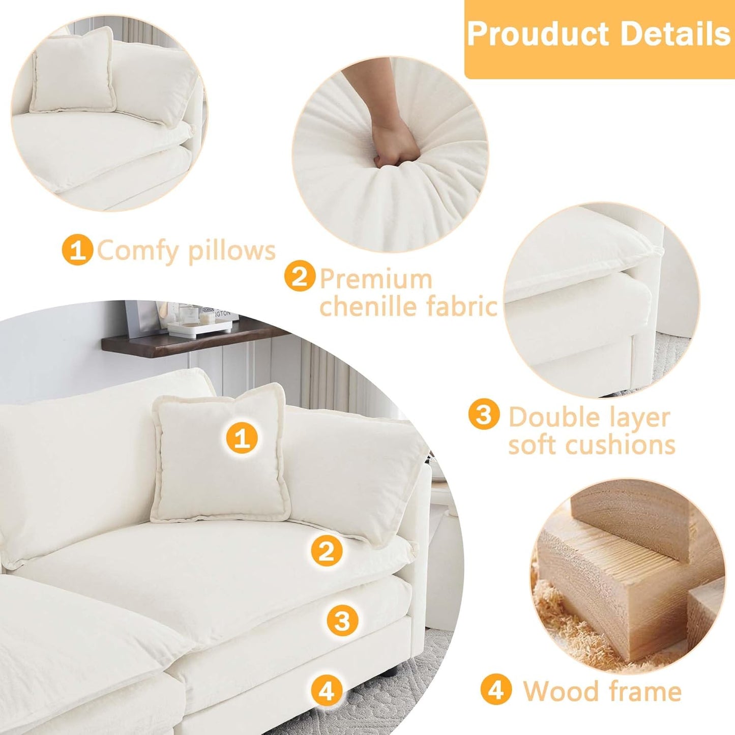 Sectional Sofa 2 Seater with Movable 1 Ottoman,Oversized Modular Couch Deep Seat (Beige, 76.7 inch-L)