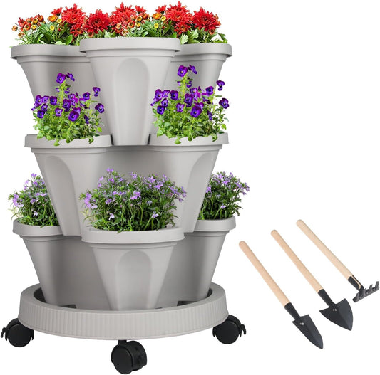 Vertical Planter 3 Tier Stackable Planters Garden Planters Strawberry Herb Flower and Vegetable Planter Indoor Outdoor Gardening Pots with Removable Wheels and Tools