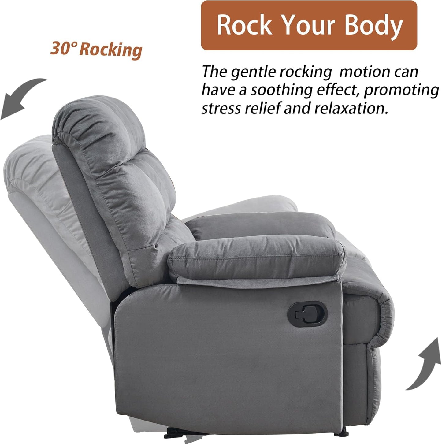Rocker Recliner Chair, Overstuffed Manual Rocking Recliner for Adults, Upholstered Comfy Soft Fabric Living Room Reclining Sofa Chair(Gray)