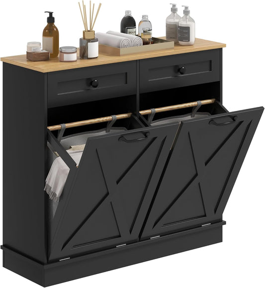 HOMCOM Tilt Out Laundry Hamper Cabinet with 2 Removable Baskets, Freestanding Bathroom Storage Cabinet with 2 Drawers, Trash Can Cabinet for Living Room, Laundry Room, Black