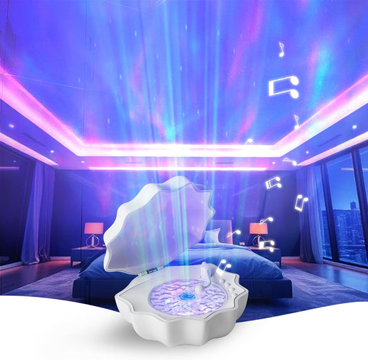 Northern Lights Projector, Night Light Projector for Bedroom Built-in Bluetooth Speaker, White Noise, Shell Night Light for Room Decor/Gift for Kids/Party/Music/Relaxation/Birthday (White)