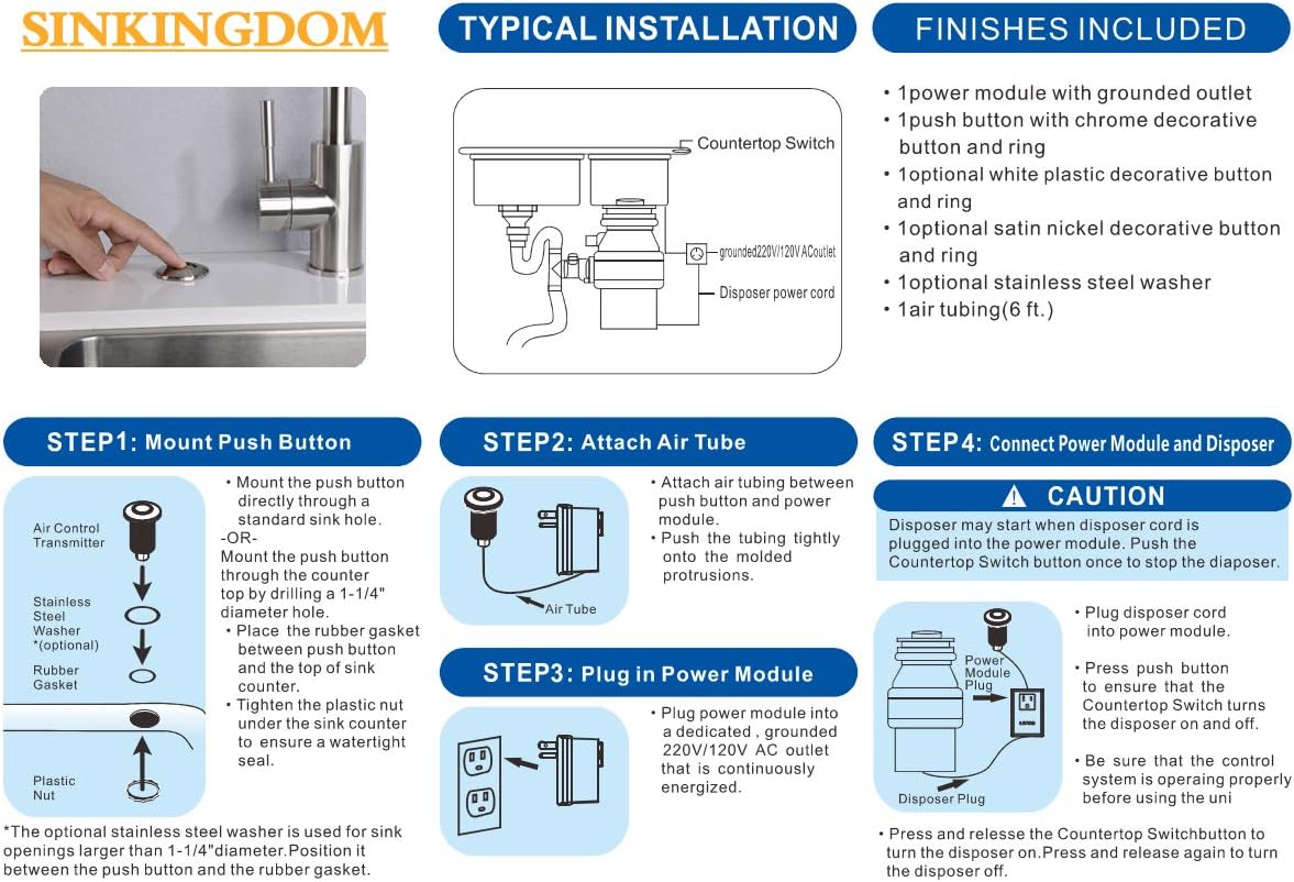 SinkTop Air Switch Kit (Long Full Brass Button) for Garbage Disposal, Cordless Matte Black