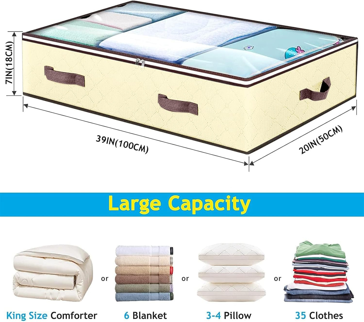 90L Under Bed Storage Containers, Closet Organizers and Storage Bins, Foldable Underbed Storage Bags for Blankets, Towels, Comforter, Sweaters, Pillows, Linen Sheets, Wrapping Paper, 4 Pack Beige
