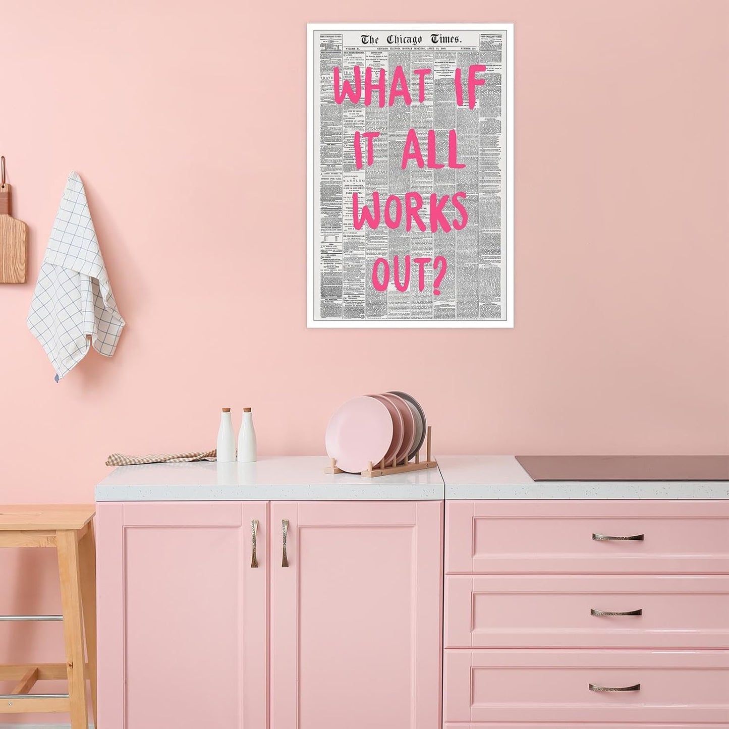 Liyark Retro Trendy Newspaper Canvas Wall Art - 'What If All Works Out' Poster - Positive Affirmation Quote - Pink Font - Minimalist Home Decor - 24x36in Unframed
