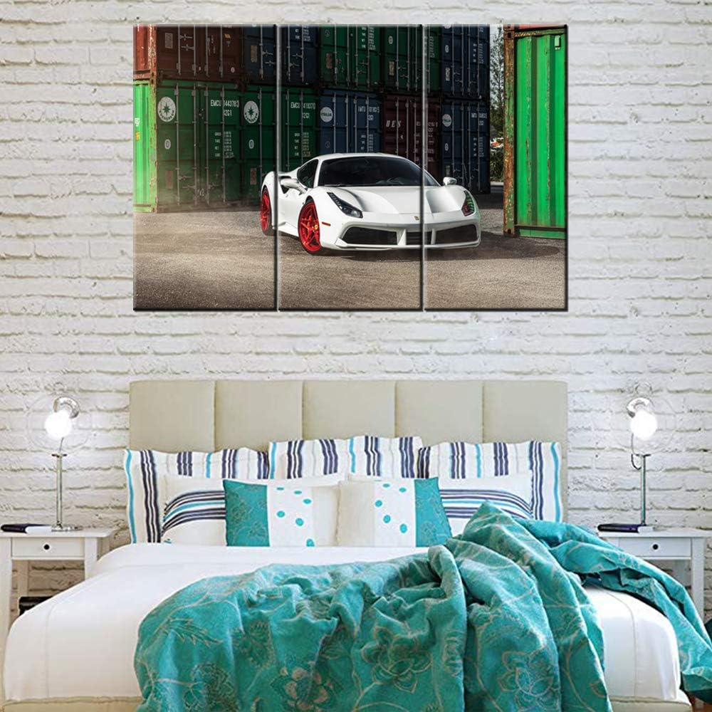 TUMOVO 3 Pieces Wall Art 488 White Sports Car in Warehouse Painting The Picture Print On Canvas Racing Car Pictures for Home Decor Decoration Gift Piece 40 x 20inch x 3 Panels