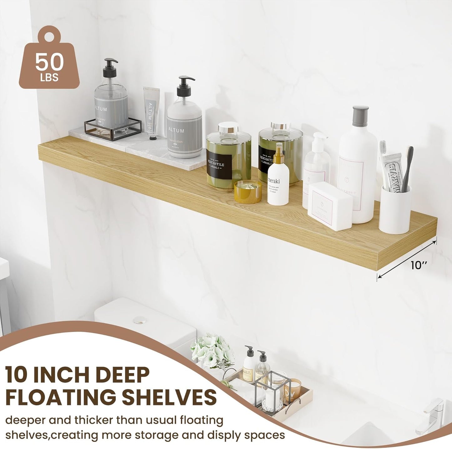 Fun Memories 48 Inch Floating Shelves for Wall - 10 Inch Deep Fireplace Mantel Shelf - Wood Floating Shelves for Wall - Large Storage Shelves Wall Mount for Living Room & Bedroom - Oak - Set of 1