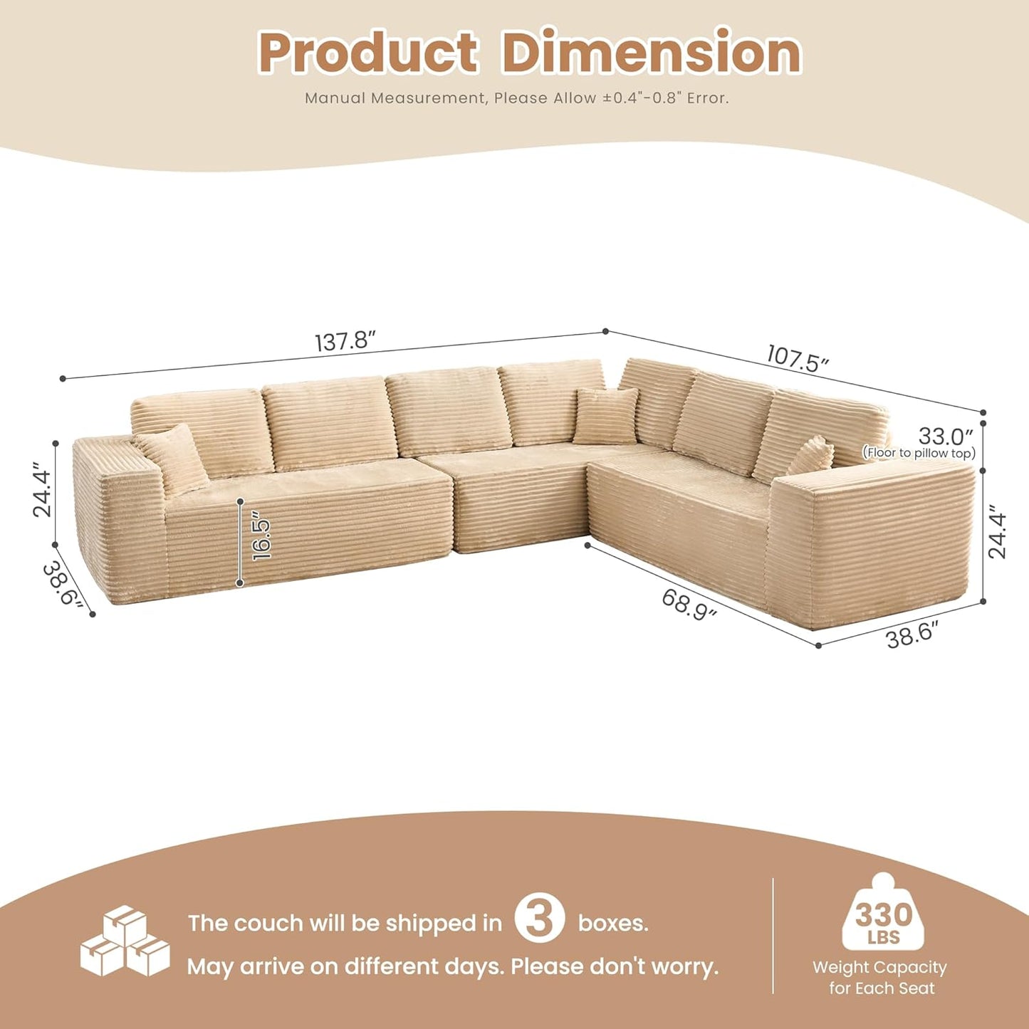 HOOOWOOO Cloud Sectional Couches for Living Room,Modular Sectional Sofa No Assembly,138X108 Inch Plush Corduroy Large L Shaped Floor Couch Set with Deep Seat(Beige)