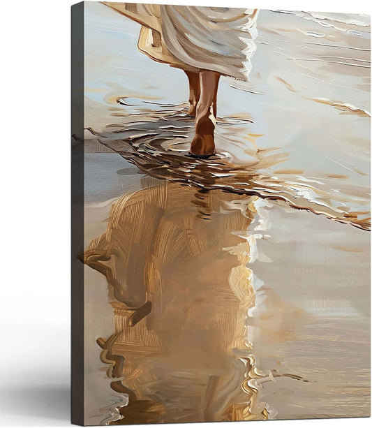 Framed Jesus Walking on the Beach Christian Religious Coastal FaithWall Art Decor Canvas Print Poster Gallery Picture Artwork for Living Room Bedroom 12x16 Inch Ready to Hang