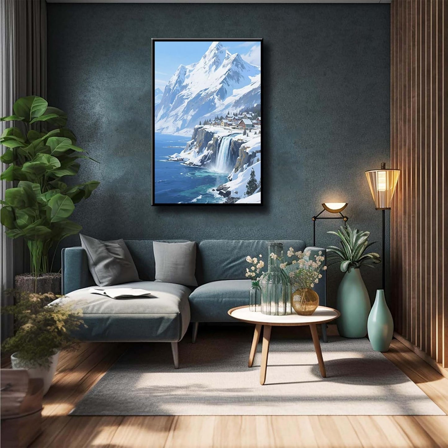 Winter lakeside town and snowy scenery merge together to form a landscape poster wall art suitable for living room bedroom and office