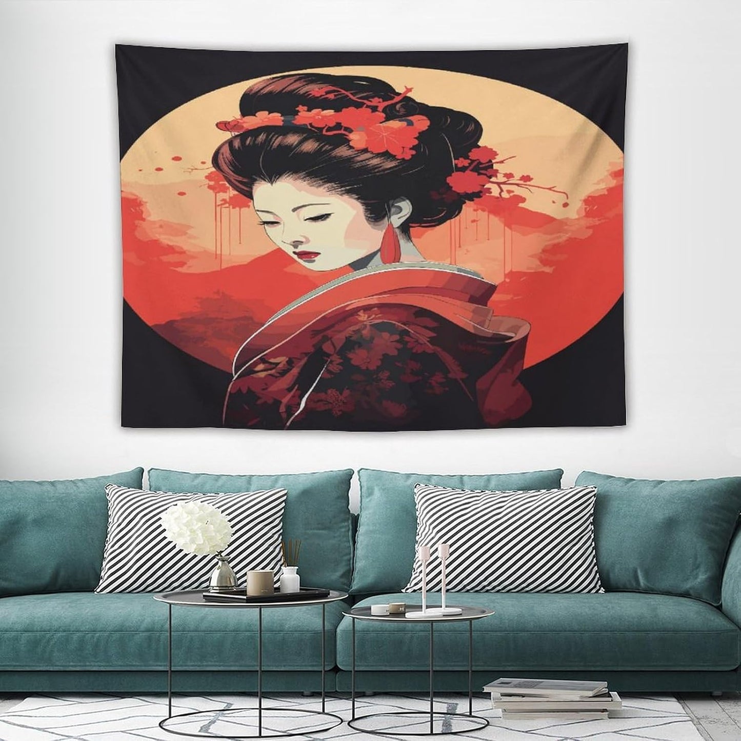 Japanese Woman Geisha Tapestry Asian Cherry Blossom Red Sun Traditional Kimono Folk Tapestries Home Decor for Living Room Bedroom Apartment Farmhouse Dorm 80"x60"
