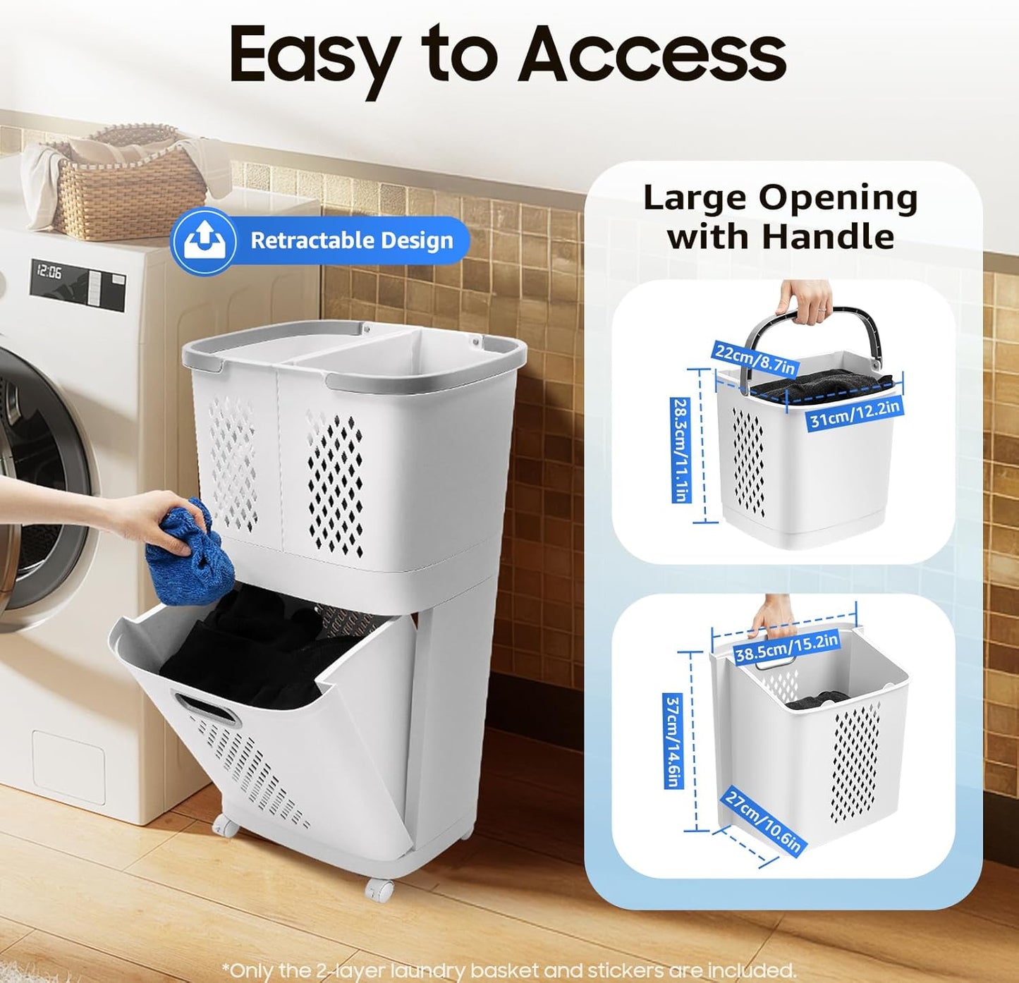 Movable Household Laundry Basket,2 Tier Laundry Hamper Basket Sorter with Wheels&Handle,Large Hand-Held Laundry Basket Clothes Storage Organizer for Bathrooms Bedrooms