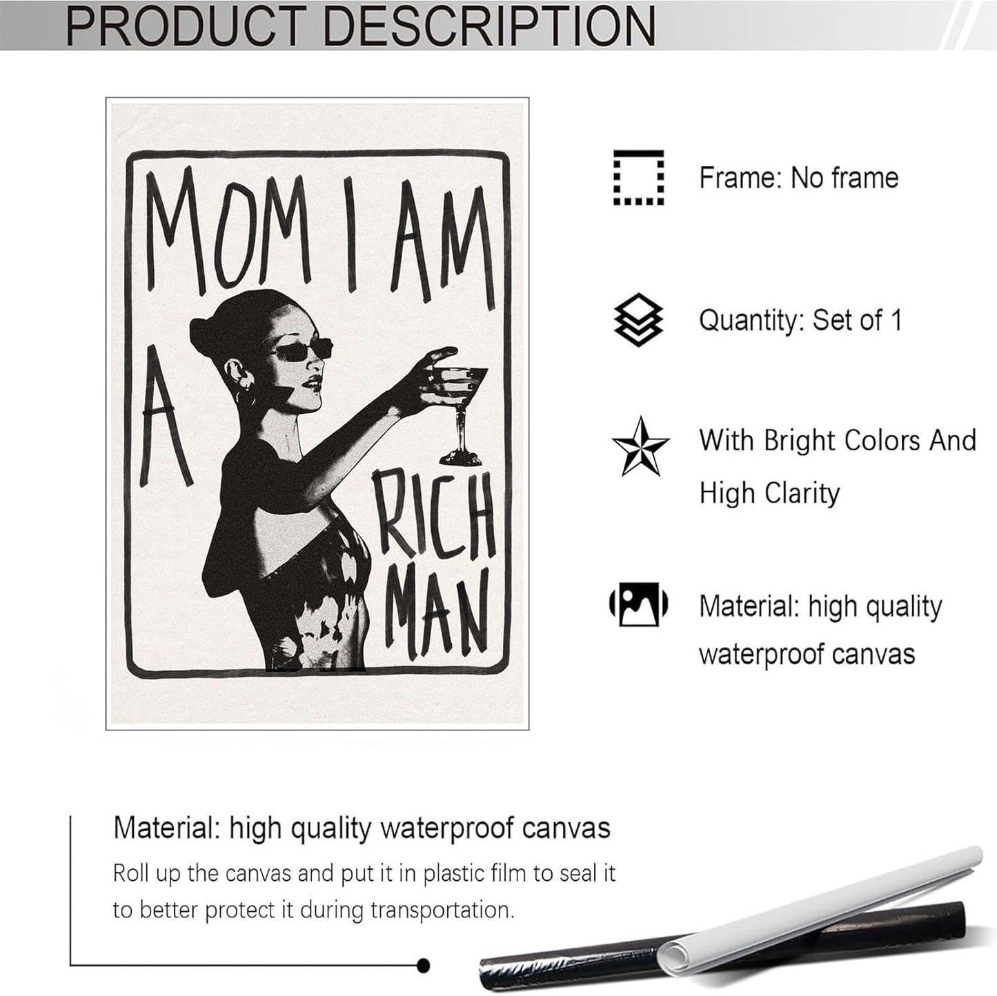 Liyark Mom I Am A Rich Man Aesthetic Retro Music Goblet Poster Feminist canvas Wall Art Vintage Bar Cart Wall Decor Preppy Dorm Decor Unique Wall Art prints painting 16x24in Unframed