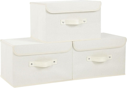 Fabric Storage Bins Cube Organizers with Flip-Top Lid and Handles,Storage Boxes for Organizing Home,Office,and Closet,Beige,3 Pack 13 X 9.1 X 7.9 in
