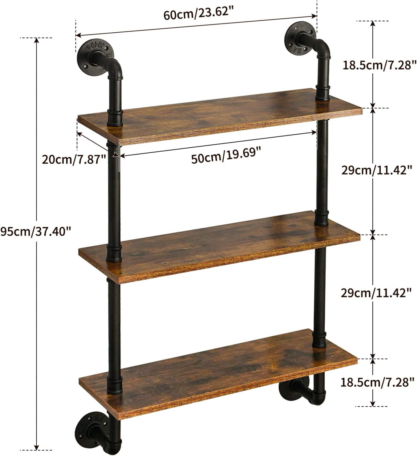 IBUYKE Industrial Pipe Shelves, Pipe Floating Shelves, Rustic Wall Mount Bookcase, 3-Tiers, 23.6" Metal Bracket Storage Wall Shelf for Bedroom, Kitchen, Living Room, Bathroom RF-TM003