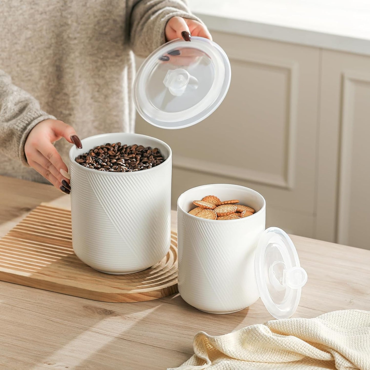 Food Storage Containers with Airtight Lids: Ceramic Canister Sets for Kitchen Countertop - Porcelain Jar for Coffee Tea Flour Sugar Rice Cookies Candy - White (42+75 oz)