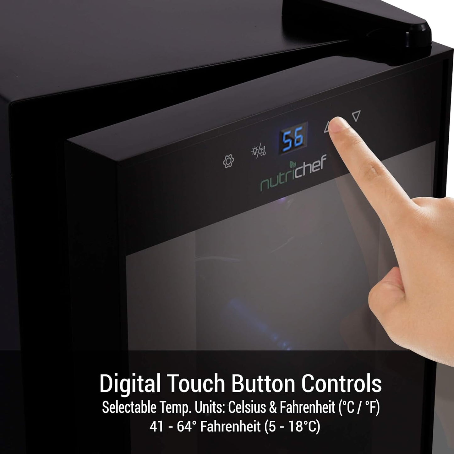 NutriChef PKCWC120 White & Red Cooler-Freestanding Countertop Compact Mini Wine Fridge Chiller Capacity, Digital Control, Glass Door, 12 Bottle-Black