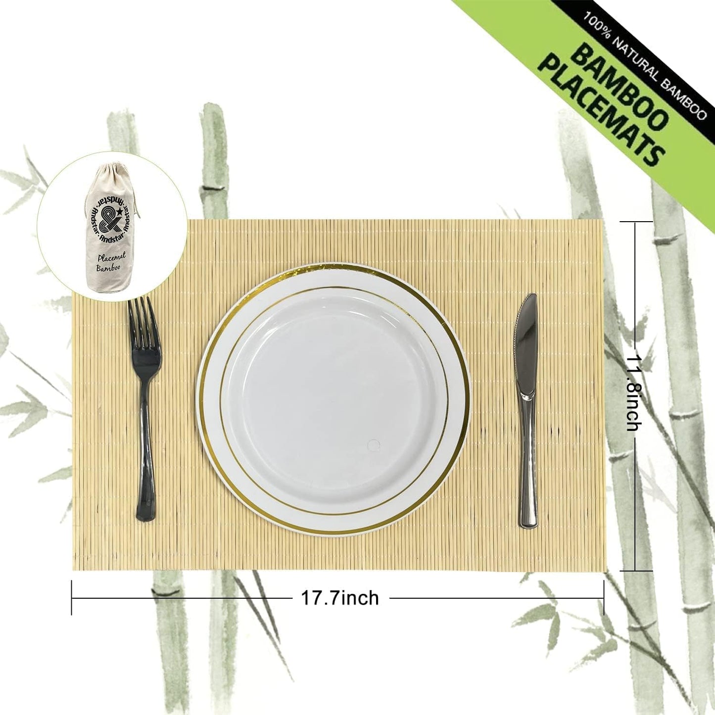 ANDSTAR Set of 12 Pcs Bamboo Placemats - Natural & Brown & Black, Anti-Slip, Heat-Resistant, Washable Table Mats for Dining and Kitchen
