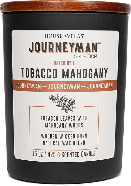 Journeyman Collection Candle, 15oz, Wooden Wick, Tobacco Mahogany, Large Painted Jar