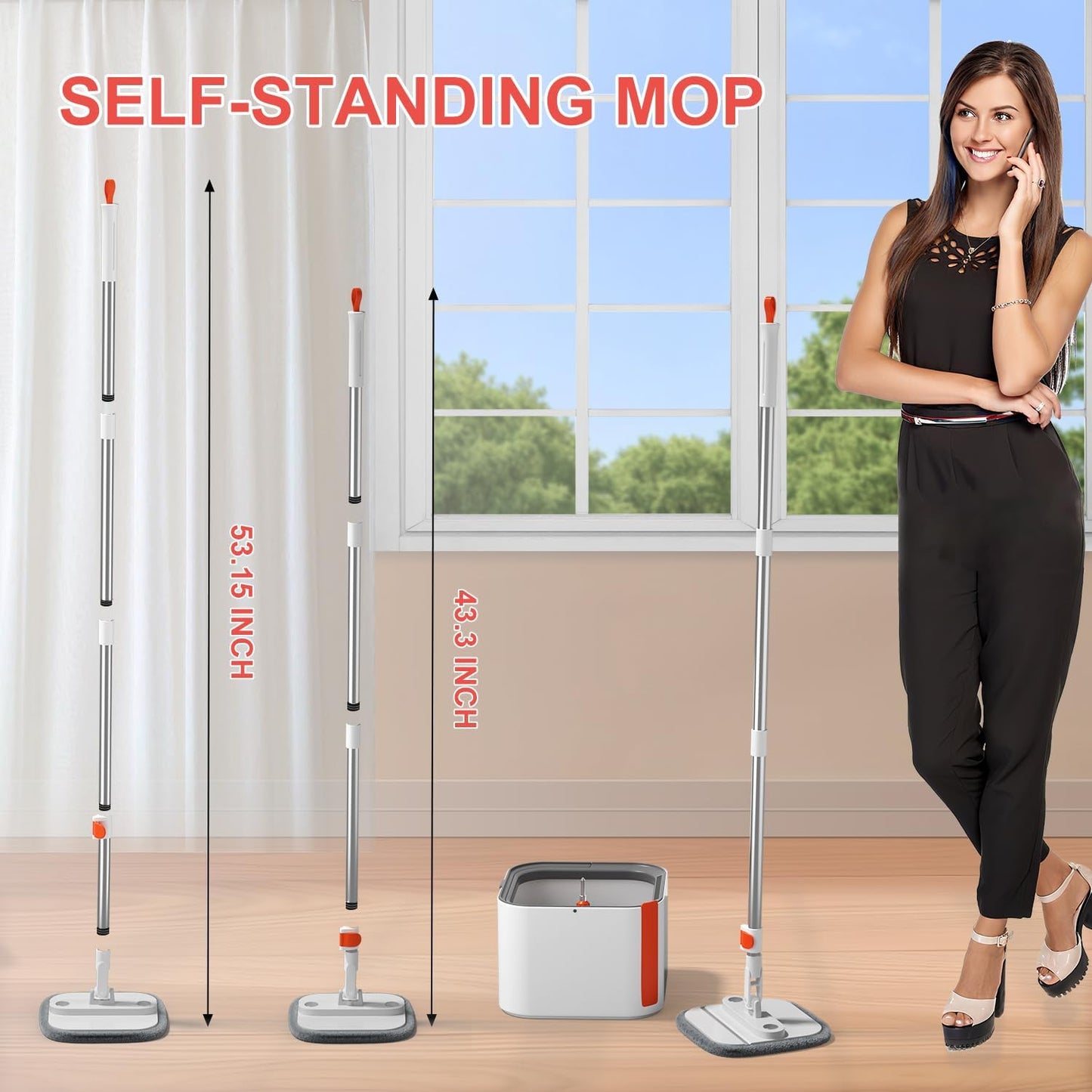 Mop and Bucket Set, Spin Mop with Self Seperates Dirty Water System, Square Mops for Floor Cleaning, 360 Rotating Foldable Standing Mop Head, Versatile Mops for Walls (Mop Bucket with 4 Pads)