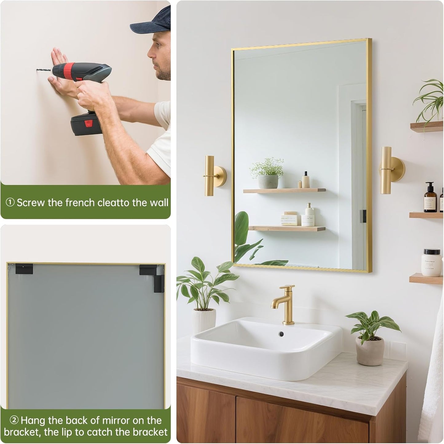 FARMER 26x38 Inch Gold Bathroom Mirror, Rectangle Wall Mounted Mirror, Vanity Mirror, Brushed Square Mirror, Framed Bathroom Mirror for Bedrooms, Entryways, Living Rooms, Horizontal/Vertical