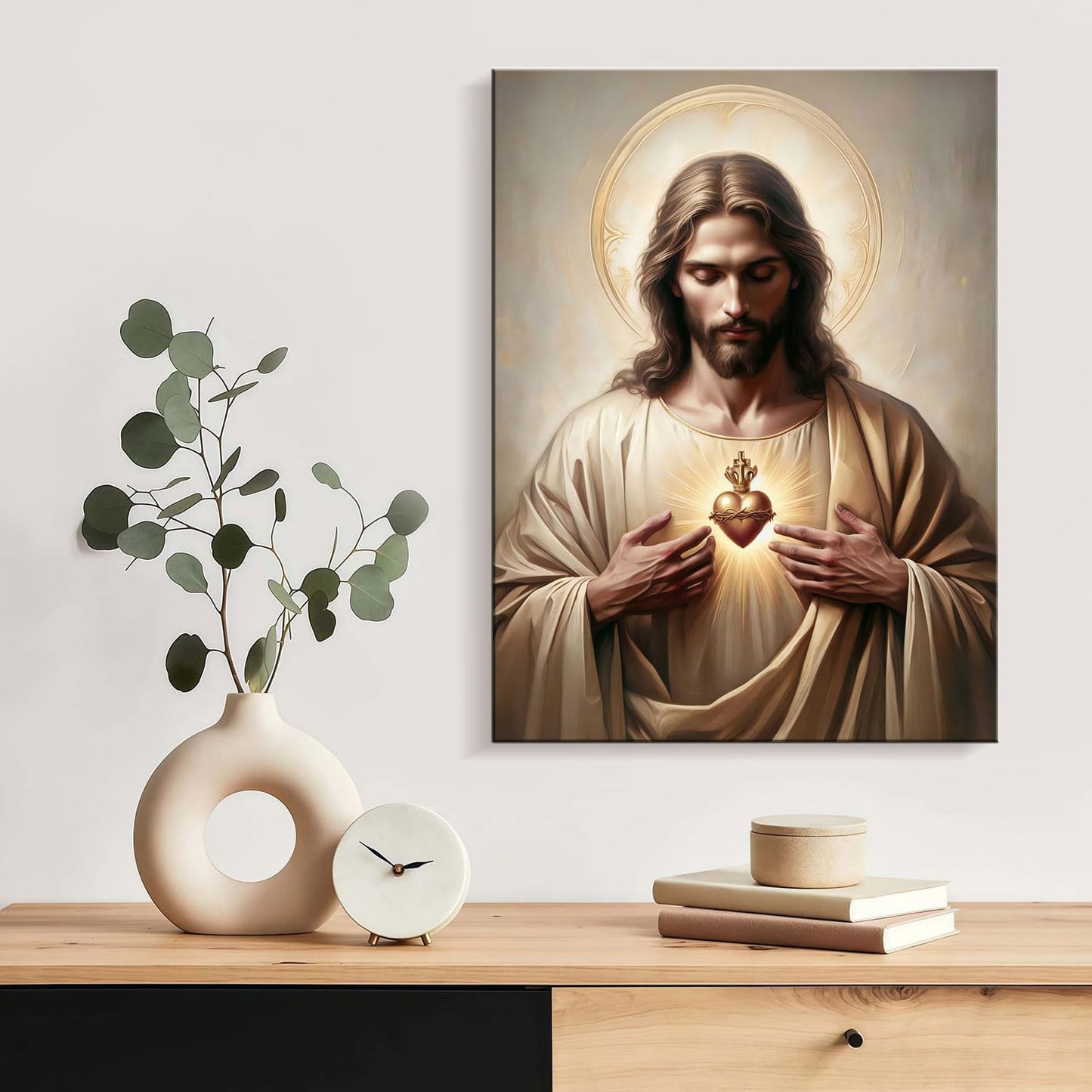 Framed Jesus Sacred Heart Religious CatholicWall Art Decor Canvas Print Print Poster Artwork Christian Home Decor Gallery for Bedroom Living Room 12x16 Inch Ready to Hang