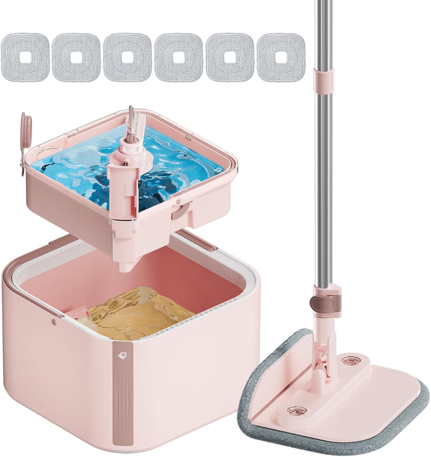 Upgraded Spin Mop and Bucket Set Self-Standing Mop Bucket Separate Dirty and Clean Water System Self Wringing 360° Rotating 90° Foldabl Mops and Buckets for Floor Cleaning (Pink, 6Pads)