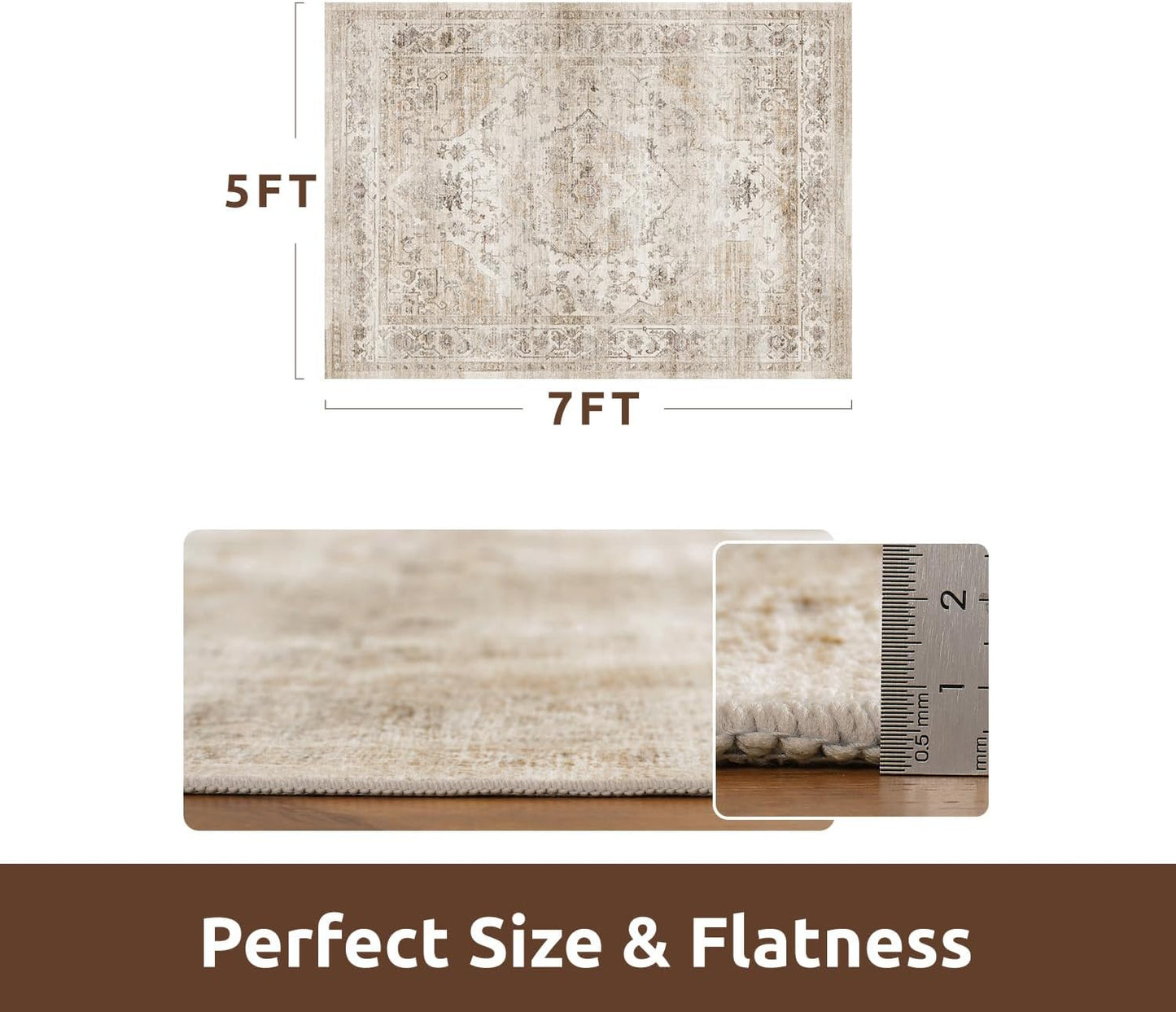 AMOAMI-Area Rug 5X7 Rugs for Living Room-Vintage Soft Beige Rugs for Bedroom-Non Slip Carpet-Machine Washable Rug for Dining Room Living Room Bedroom Office Under Table-Beige