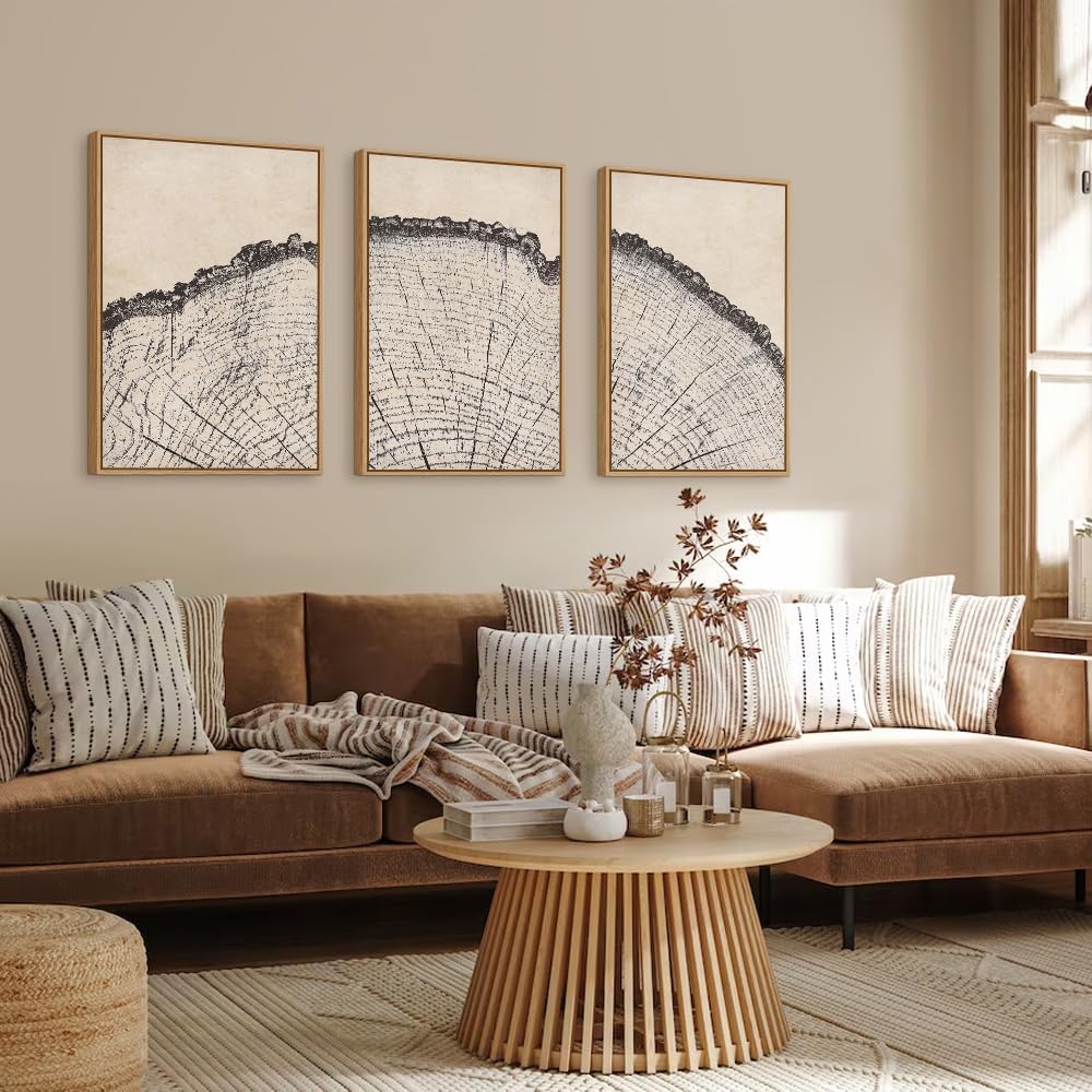 HPINUB Vintage Wood Tree Rings Wall Art Set, Framed Canvas Paintings, Black and White Nature-Inspired Decorative for Modern Home Decor for Living Room, Bedroom, Dining Room, Office- 16"x24"x3