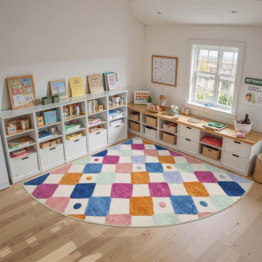 jinchan Kids Rug for Classroom 7ft Radius Corner Washable Area Rug Modern Colorful Quarter Circle Rug Soft Non-Slip Carpet for Nursery Playroom Daycare Reading Nook Living Room Berries on Cream