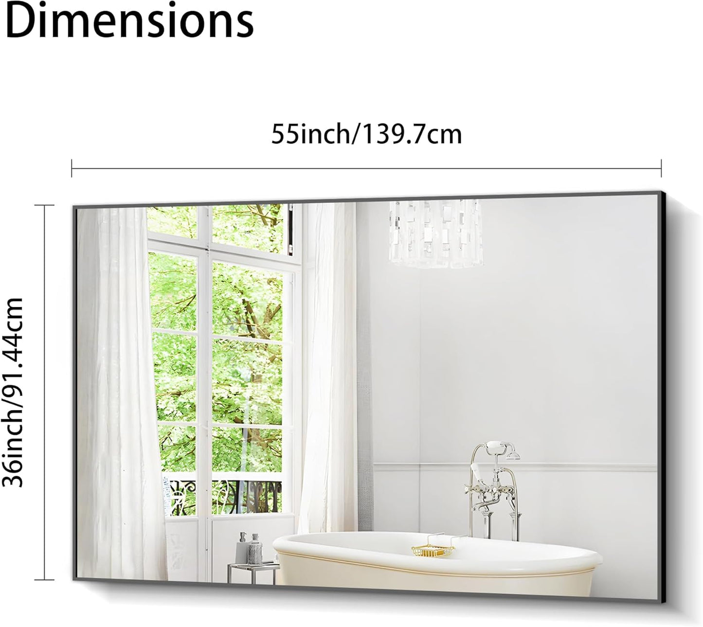 Bathroom Black Mirror, 36x55in Black Rectangle Mirror with Thin Metal Frame, Large Rectangular Wall Mirror for Bathroom, Living Room, Hair Salon, Big Farmhouse Mirror Hang Horizontal/Vertical