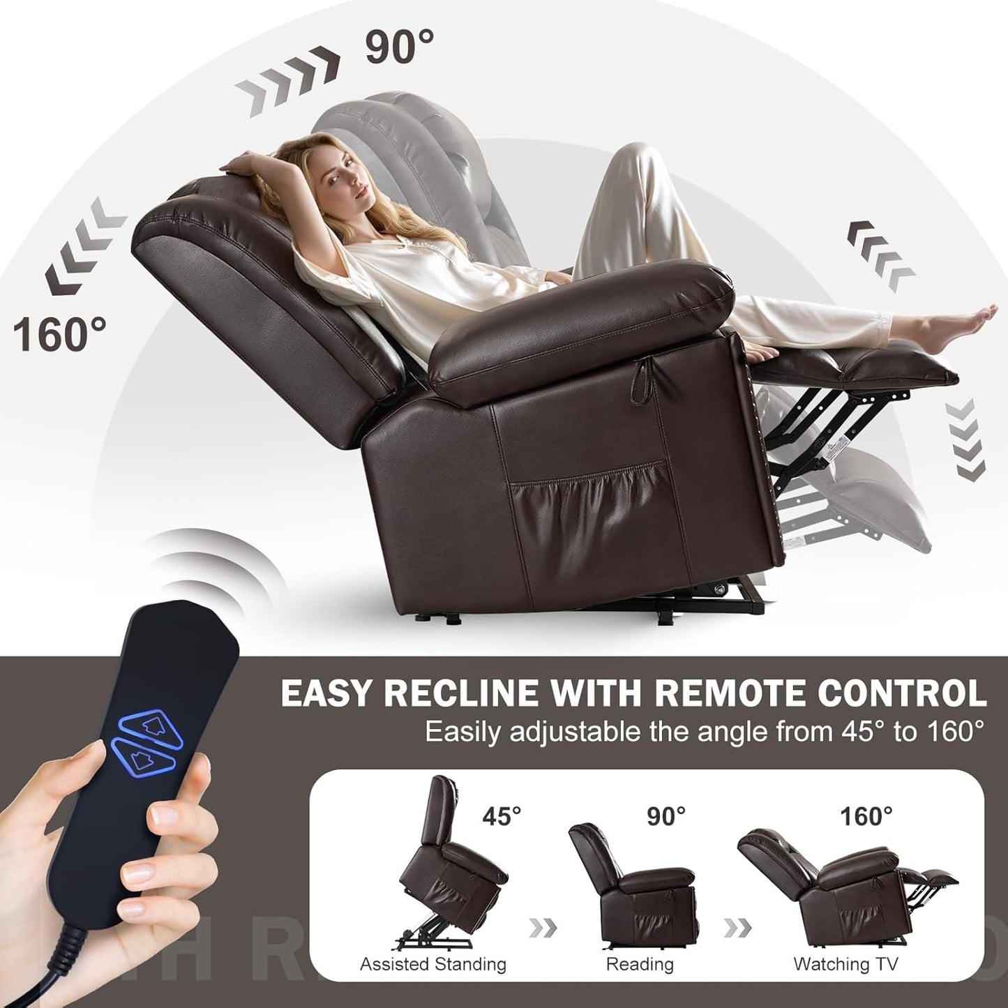 Electric Power Lift Recliner Chair for Elderly with Heat & Massage, Large Breathable Leather Reclining Chairs w/2 Concealed Cup Holders for Seniors Home Living Room,Bedroom,1PC,Brown