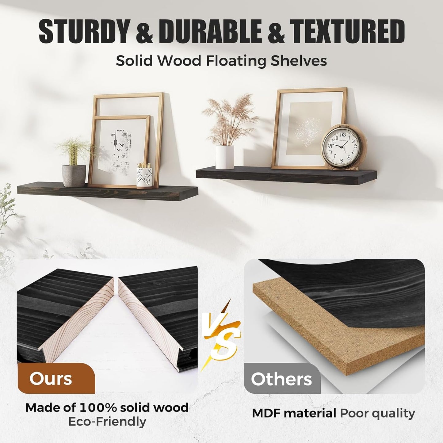 24"x6.8"x1.2" Solid Wood Floating Shelves 2-Pack - Rustic Black Finish with Hidden Brackets, Perfect for Storage and Décor in Living Room, Kitchen, Bedroom