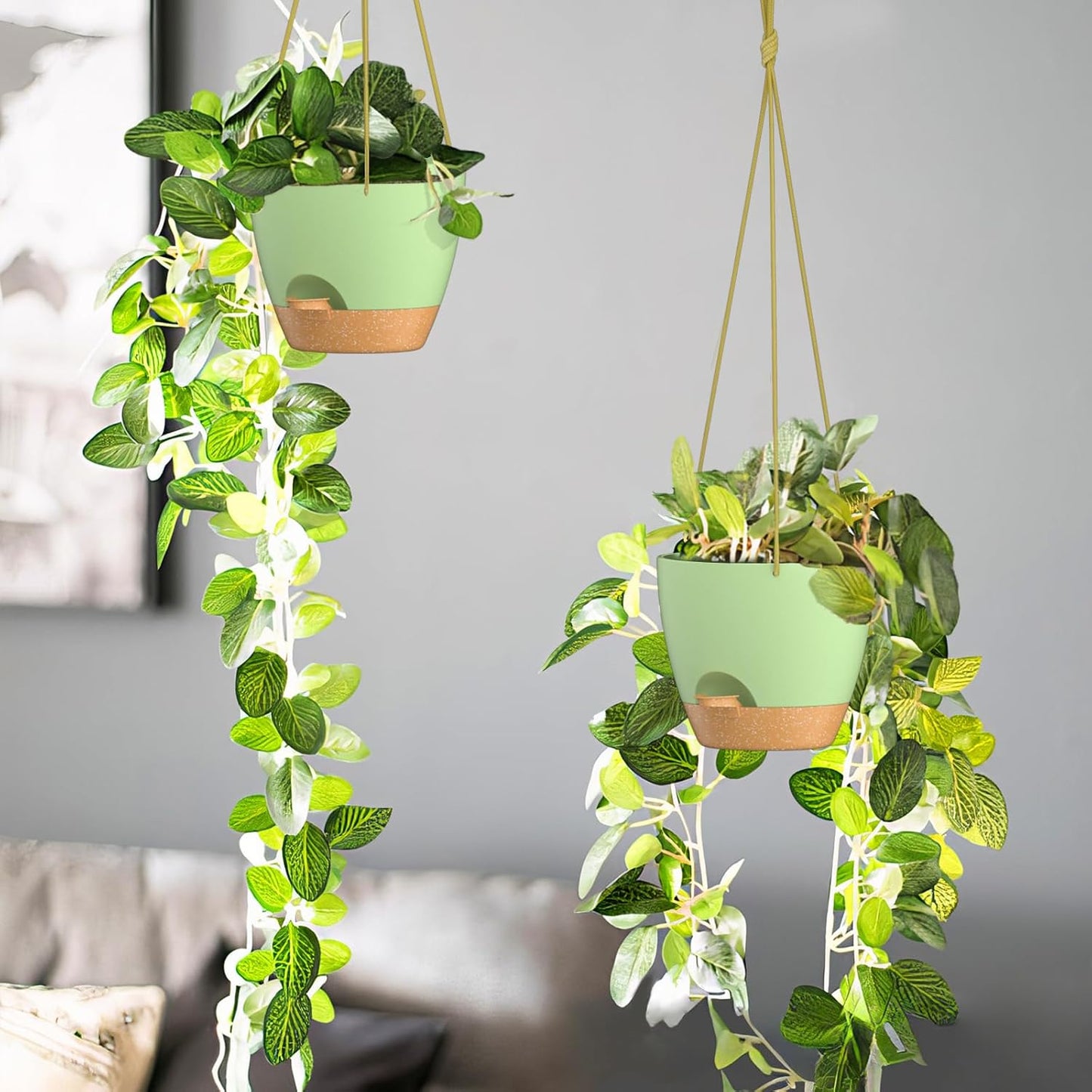 ZMTECH 6.5 Inch Hanging Planters for Indoor Outdoor Plants, 2 Pack Self Watering Hanging Plant Pots with Drainage Holes and Removable Saucer, Plastic Flower Hanging Pots with Watering Lip (Green)