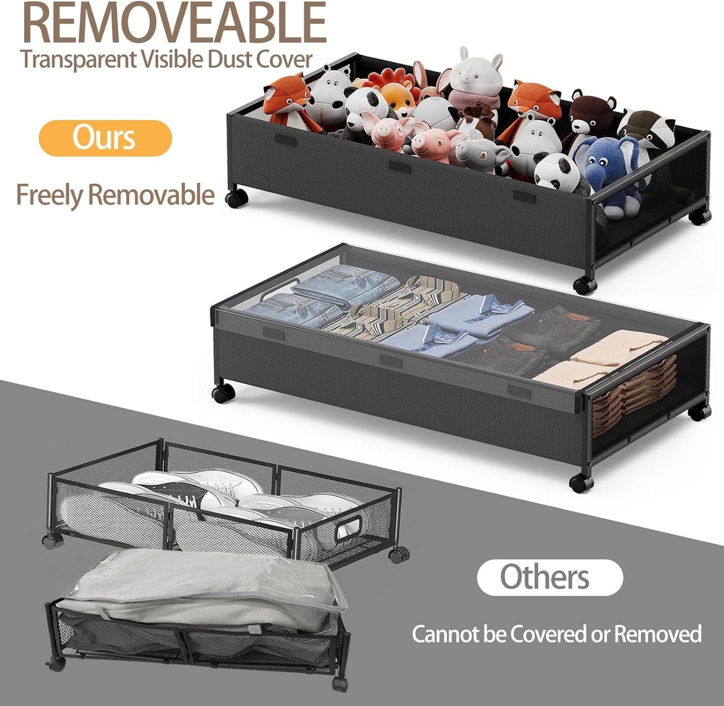 Under Bed Storage Containers with Wheels, 2 Pack Underbed Shoe Storage Organizer with Removable Lids, Large Rolling Under Bed Storage Dresser Drawers for Clothes Toys Shoes Blankets