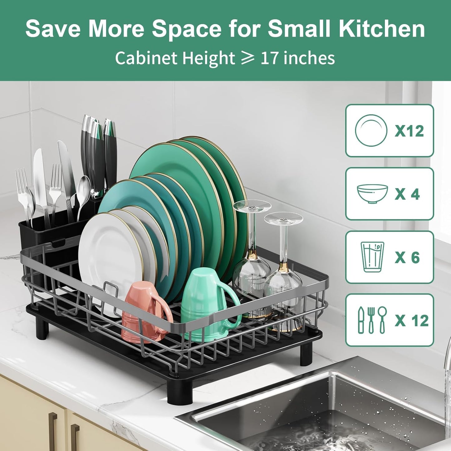 MOUKABAL Dish Drying Rack, Dish Rack, Large Dish Racks for Kitchen Counter, Drying Rack Kitchen with Removable Utensil Holder, Drainboard (Grey/Gray)