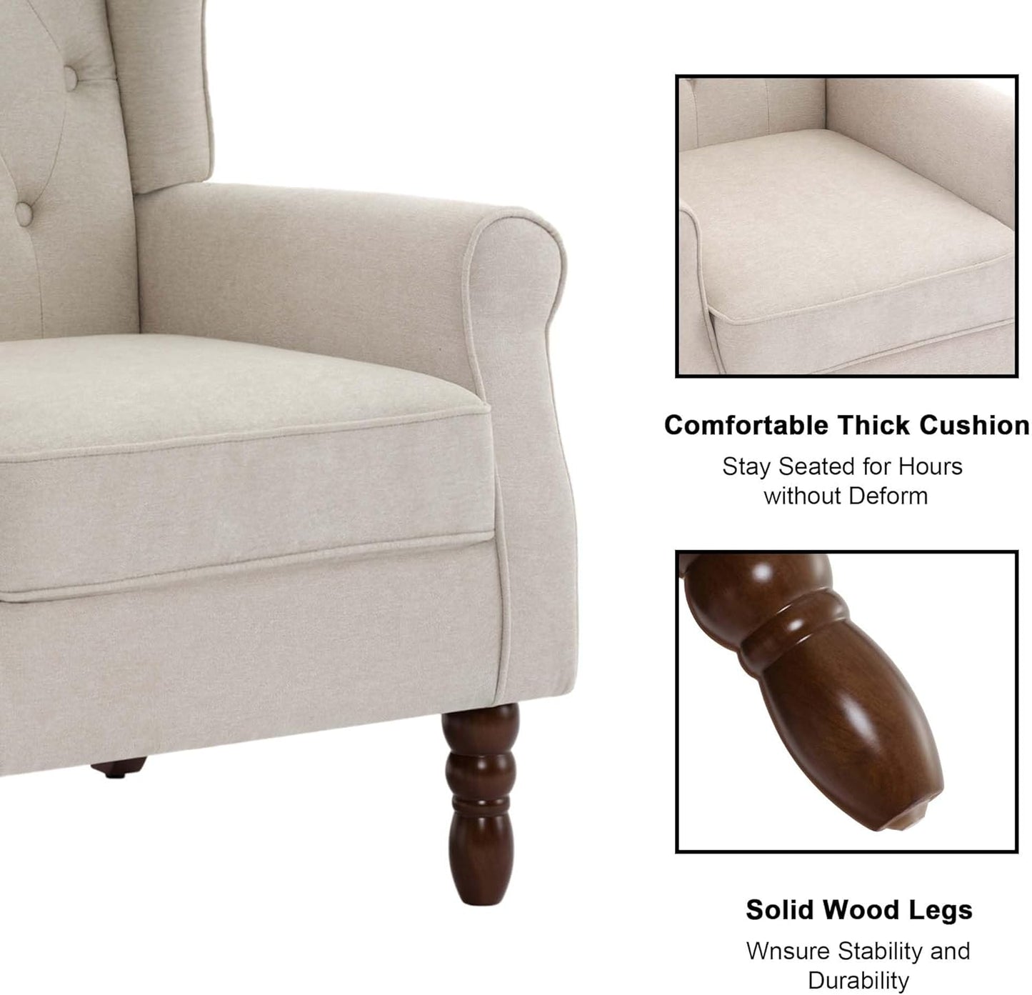 Accent Chair, Upholstered Armchair with Button Tufted High Back & Solid Wood Legs, Comfy Wingback Reading Single Sofa Chair for Small Spaces, Living Room, Bedroom (Beige, Set of 1)