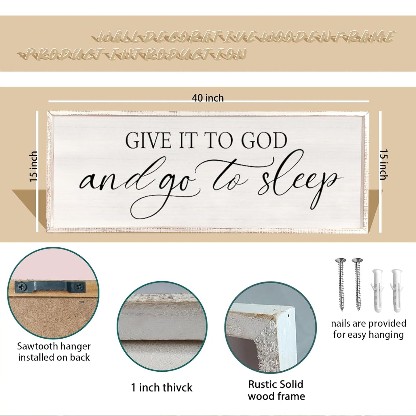 comurdyo Give It To God And Go to Sleep Sign 40''×15'' Master Bedroom Above Bed Wall Decor Wood Framed Couple Large Farmhouse Guest Room Rustic Simple Over Bedside Wall Art Hanging Decor (White)