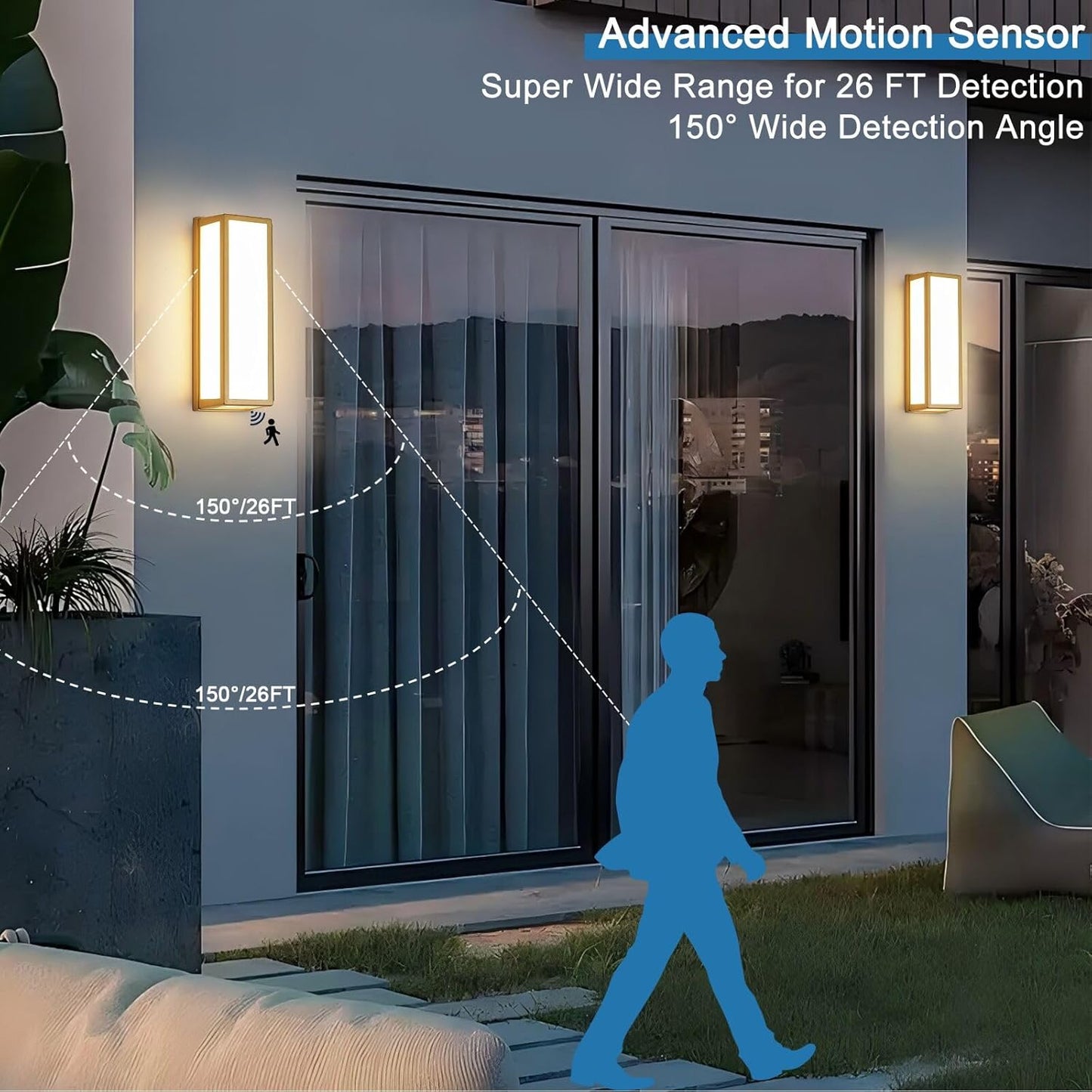 Motion Sensor Outdoor Wall Sconce LED 30W Aluminum - Gold Modern Exterior Light Fixture, 3000K Warm,IP65 Waterproof Rectangular Porch Lighting,for Patio,Garage,Front Door