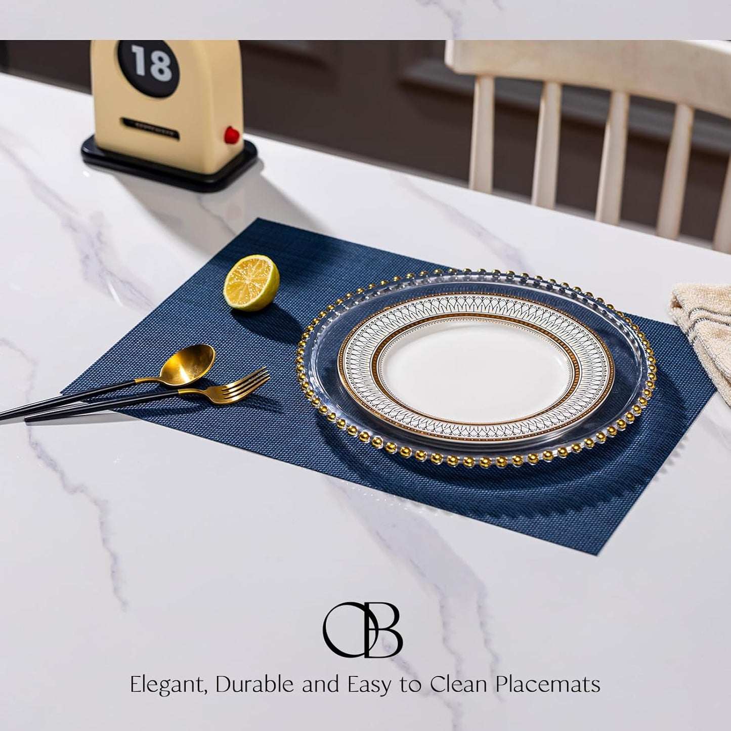 Placemats Set of 4 - Easy Clean Woven Vinyl Placemats for Dining Table, Indoor/Outdoor Place Mats, Washable PVC Table Mats（Navy Blue）